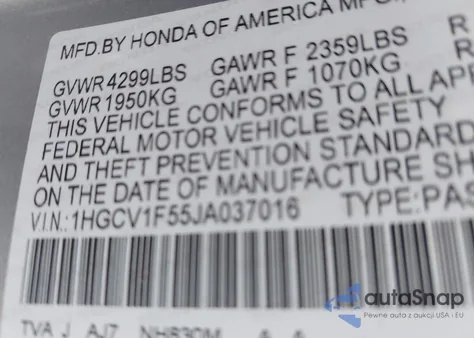 2018 Honda Accord Ex-L из США, поврежденный, VIN 1HGCV1F55JA037016